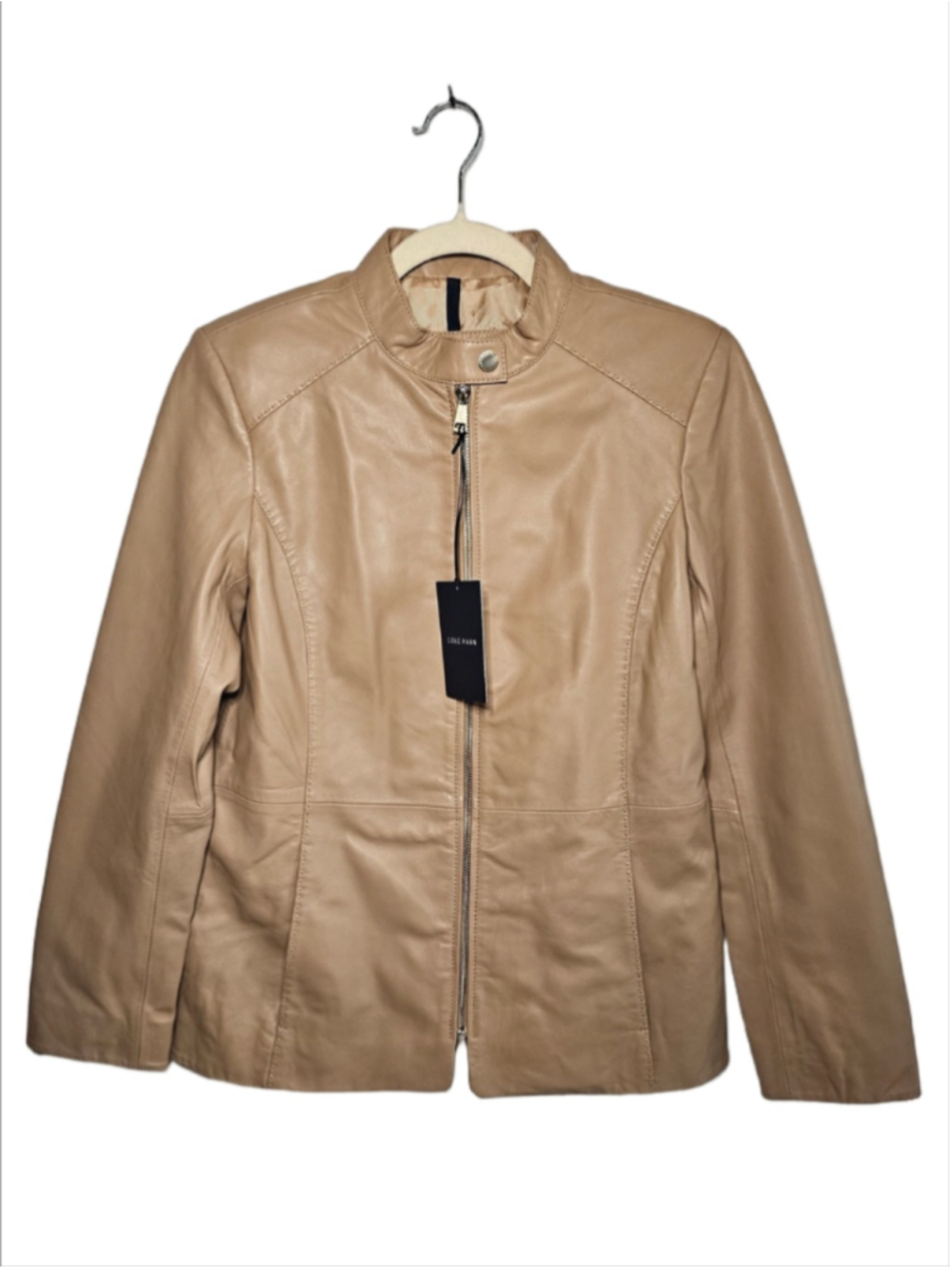 Cole Haan Women's Lambskin Leather Jacket Stand Collar Beige Tan Medium NWT